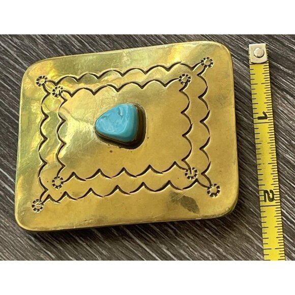Navajo Yellow Brass Turquoise Women’s Belt Buckle Flower Engraved Signed ER - Picture 3 of 9